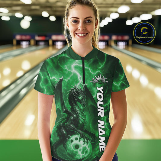 Custom Green Thunder Lightning Bowling Team Women Shirt, Dragon Bowling Jerseys IPHW10199