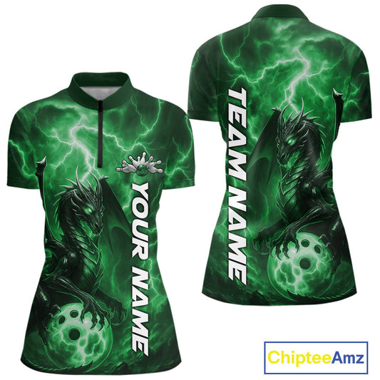 Custom Green Thunder Lightning Bowling Team Women Shirt, Dragon Bowling Jerseys IPHW10199