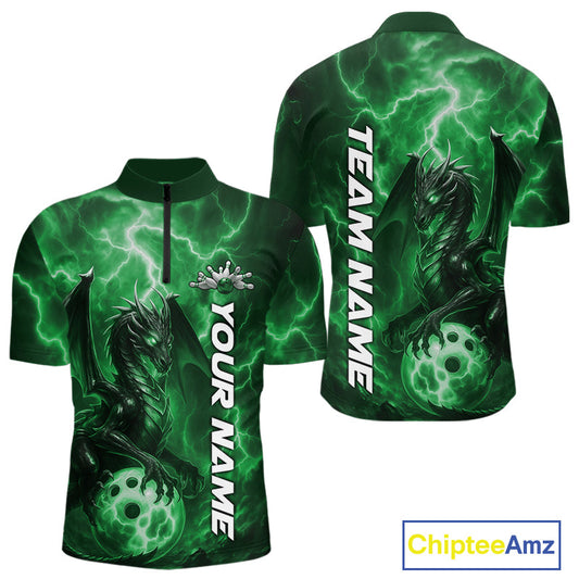Custom Green Thunder Lightning Bowling Team Men Quarter-Zip Shirt, Dragon Bowling Jerseys IPHW10199