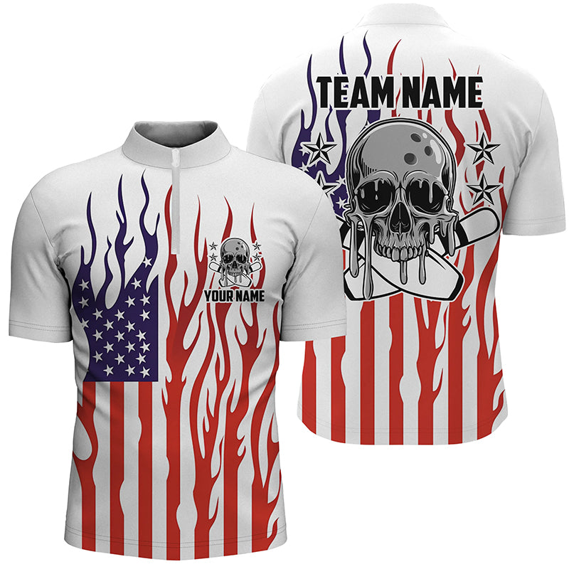 Custom American Flag Skull Bowling Shirts For Men, Patriotic Team Bowling Jerseys IPHW5987