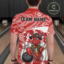 Load image into Gallery viewer, Back view of a male model in a bowling alley wearing a red custom bowling polo shirt with a funny Cajun crawfish leaning on a bowling ball and a swamp inspired texture background.