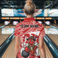 Load image into Gallery viewer, Back view of a female model in a bowling alley wearing a red custom quarter-zip bowling shirt with a funny Cajun crawfish leaning on a bowling ball and a swamp-inspired texture background.