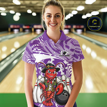 Load image into Gallery viewer, Front view of a female model in a bowling alley wearing a purple custom bowling polo shirt with a funny Cajun crawfish leaning on a bowling ball and a swamp-inspired texture background.