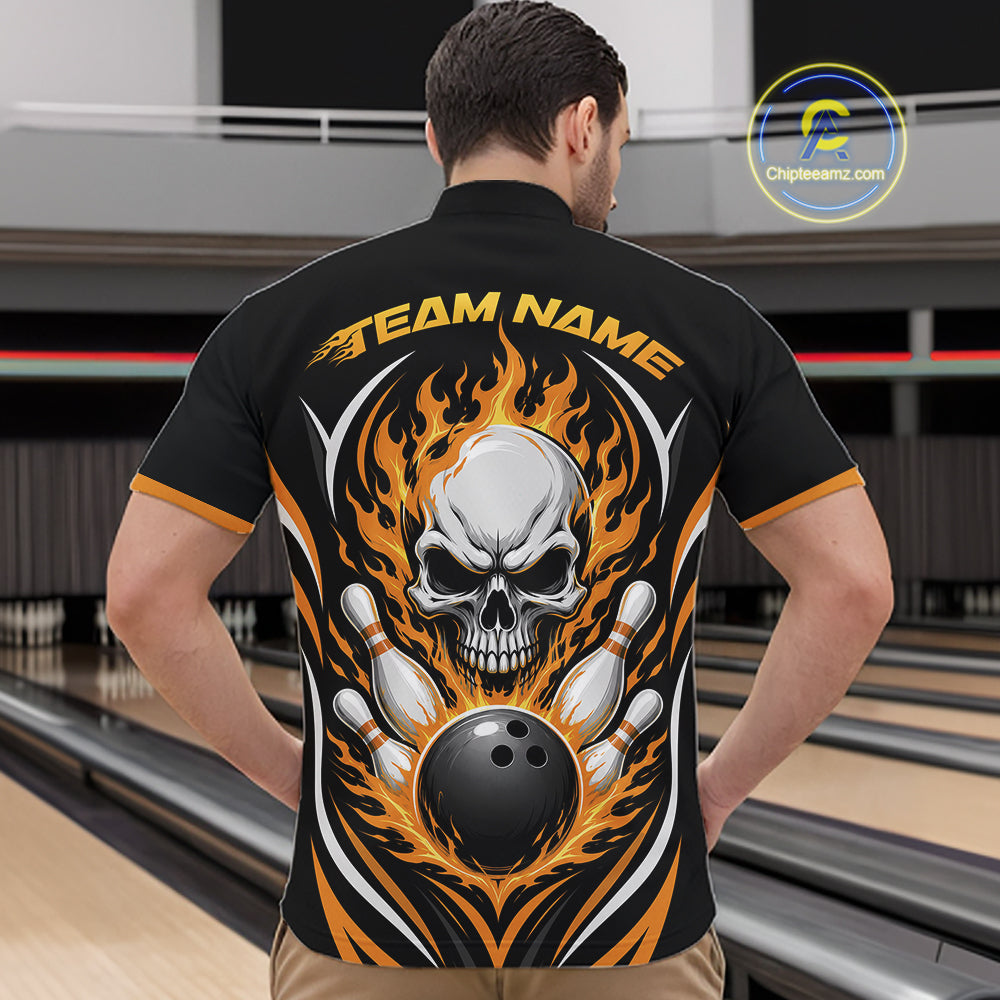 Custom Yellow Flame Skull Bowling Men Quarter Zip Shirt, Halloween Bowling Jersey IPHW11699