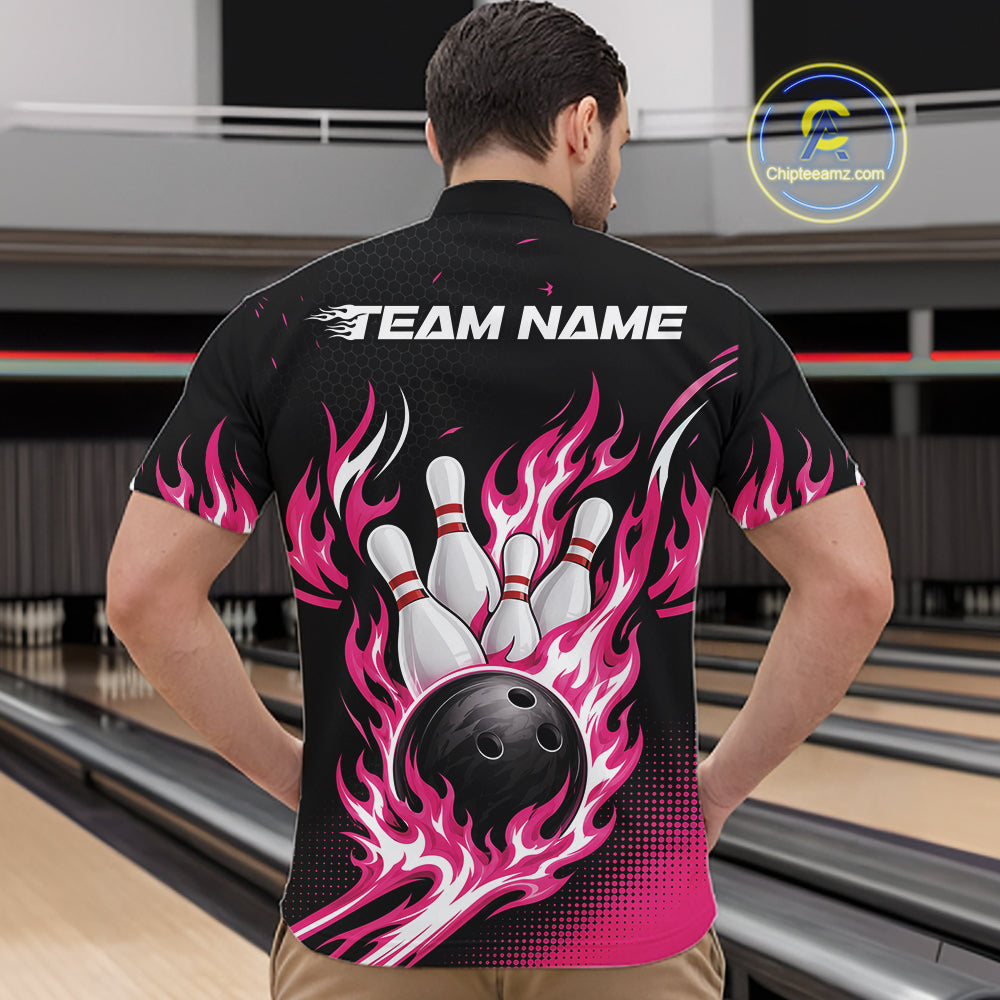 Custom Pink Flame Bowling Jerseys, Bowling Team Men Quarter Zip Shirt Bowlers Outfit IPHW11705