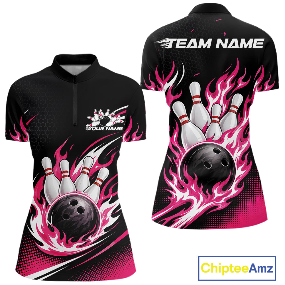 Custom Pink Flame Bowling Jerseys, Bowling Team Women Quarter-Zip Shirt Bowlers Outfit IPHW11705