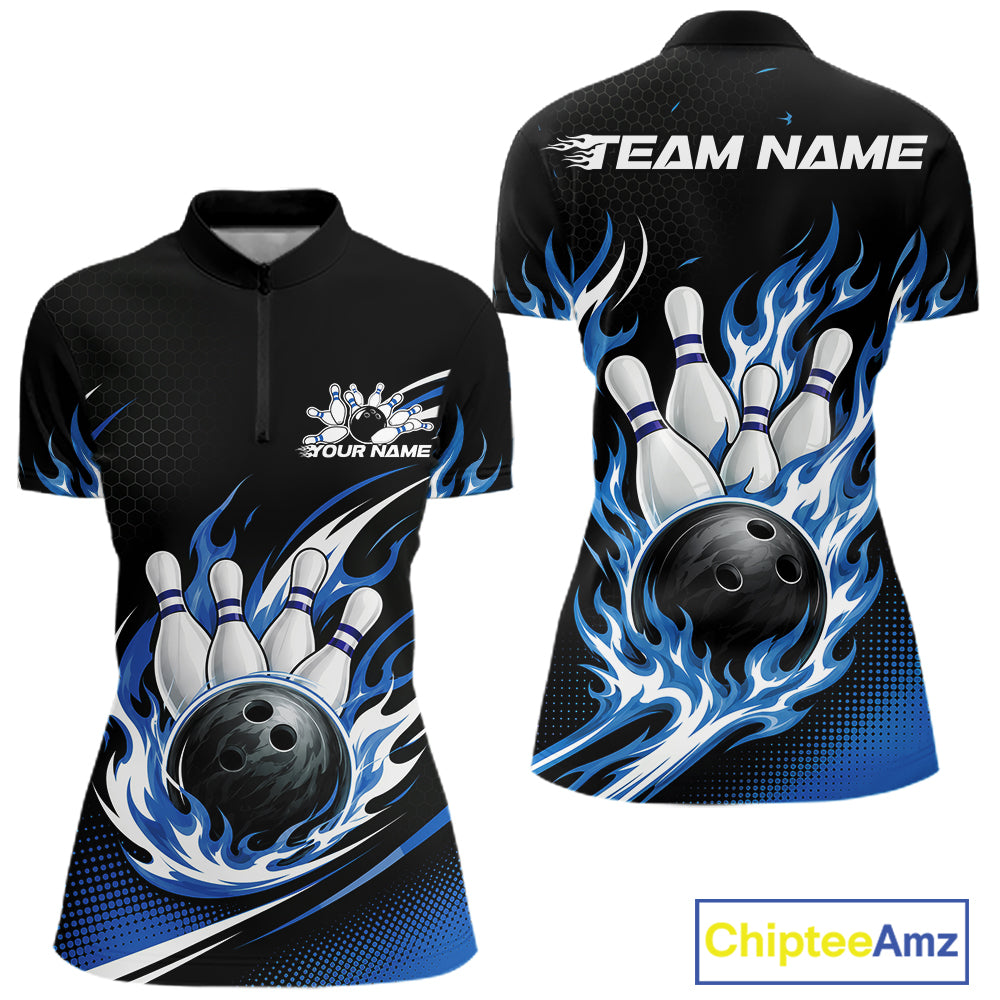 Custom Blue Flame Bowling Jerseys, Bowling Team Women Quarter-Zip Shirt Bowlers Outfit IPHW11706
