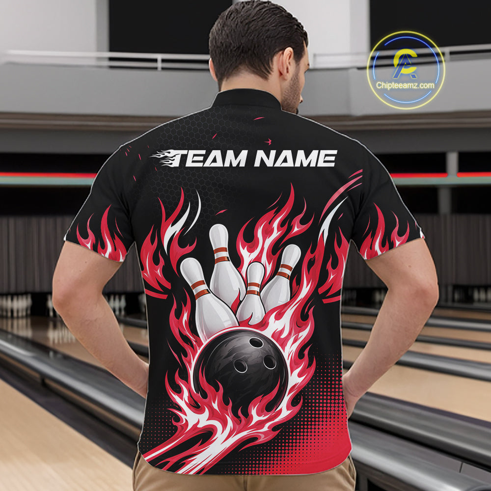 Custom Red Flame Bowling Jerseys, Bowling Team Men Quarter Zip Shirt Bowlers Outfit IPHW11707