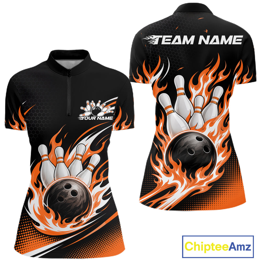 Custom Orange Flame Bowling Jerseys, Bowling Team Women Quarter-Zip Shirt Bowlers Outfit IPHW11709