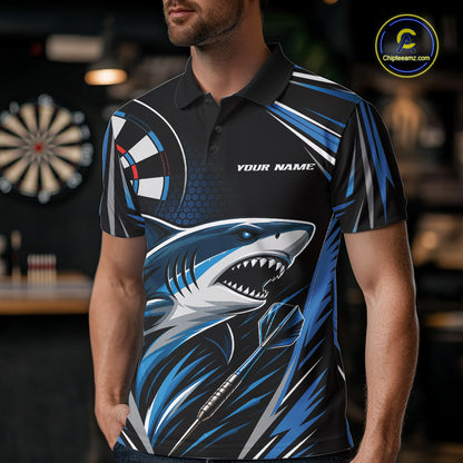 Custom Black And Blue Shark Darts Jerseys, Darts Team Men Polo Shirt IPHW11714