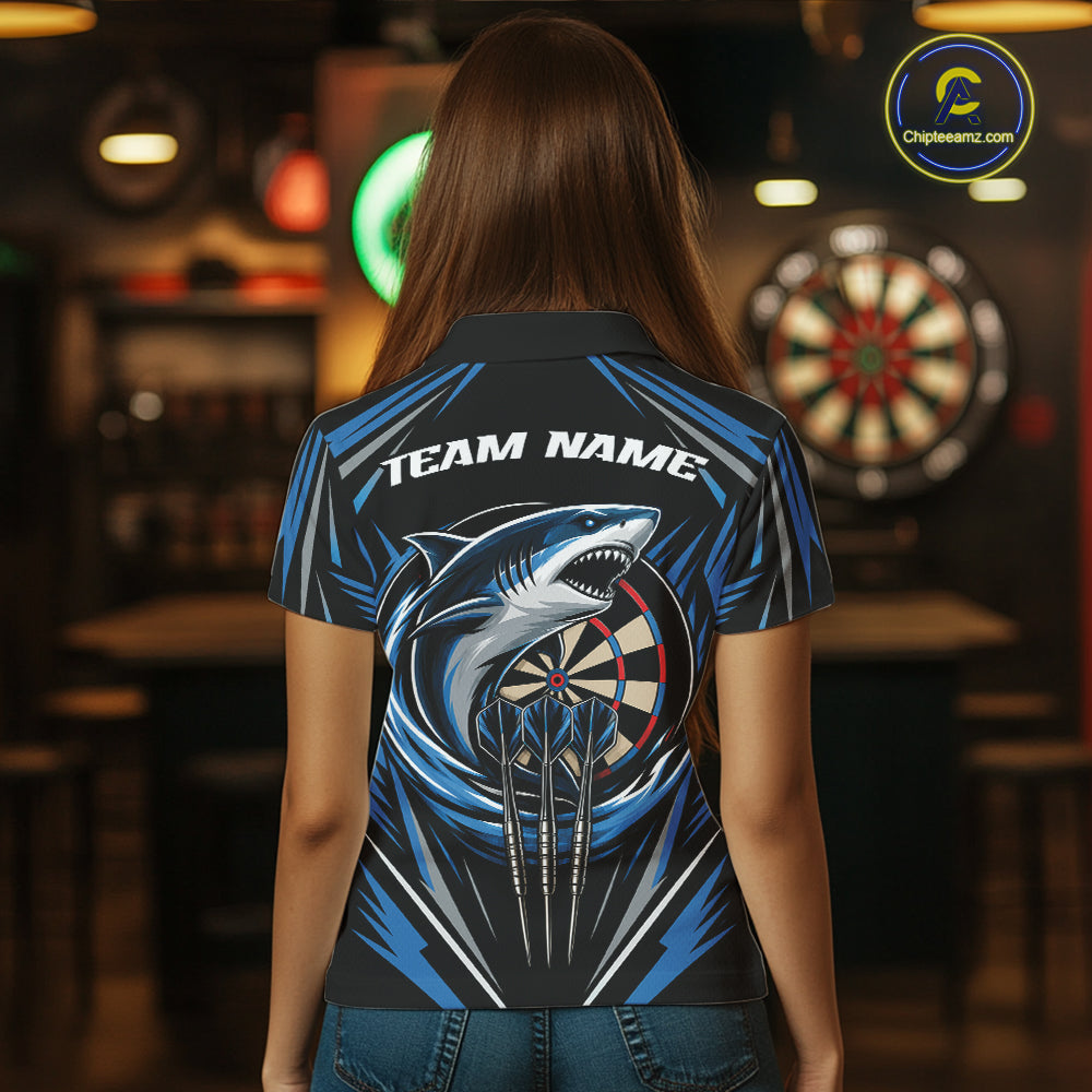 Custom Black And Blue Shark Darts Jerseys, Darts Team Women Polo Shirt IPHW11714