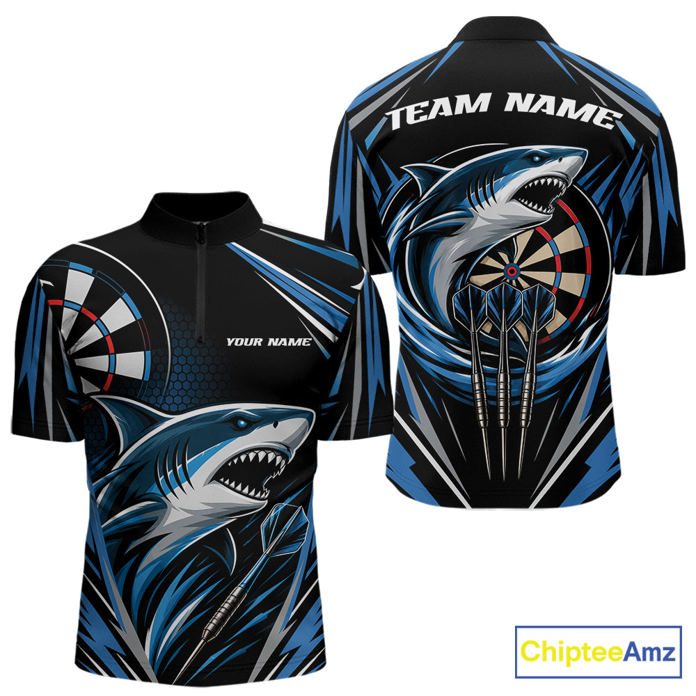 Custom Black And Blue Shark Darts Jerseys, Darts Team Men Quarter Zip Shirt IPHW11714