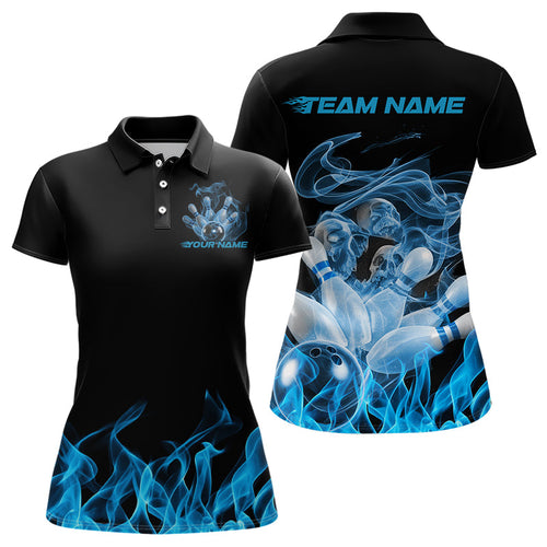 Custom Black And Blue Flame Bowling Polo Shirts For Women, Blue Smoke Bowling Team Shirt IPHW8059