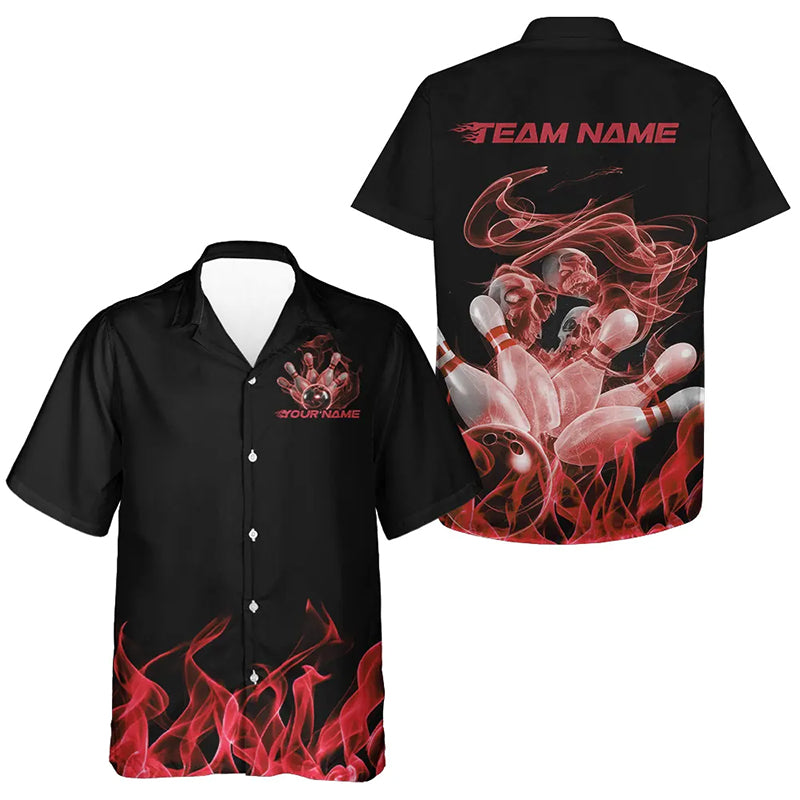 Custom Black And Red Flame Bowling Hawaiian Shirts For Men And Women, Red Smoke Bowling Team Shirt IPHW8060