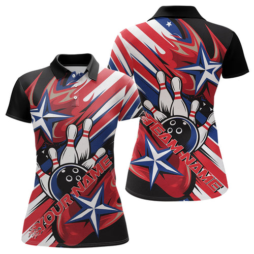 Red, White, Blue Custom Us Flag Bowling Polo Team Shirts For Women, Patriotic Bowling Jersey IPHW8063