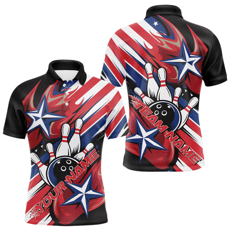 Red, White, Blue Custom Us Flag Bowling Polo Team Shirts For Men, Patriotic Bowling Jersey IPHW8063