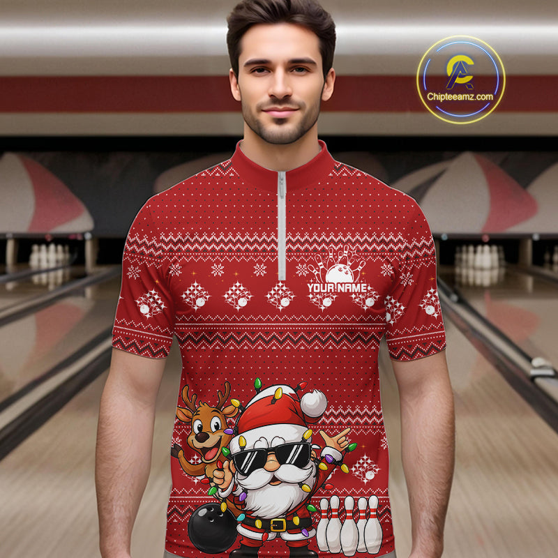 Custom Funny Christmas Men Bowling Shirts, Santa Claus And Reindeer Xmas Bowling Shirt IPHW10203