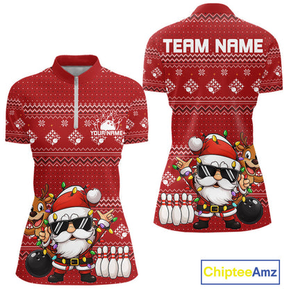 Custom Funny Christmas Women Bowling Shirts, Santa Claus And Reindeer Xmas Bowling Shirt IPHW10203