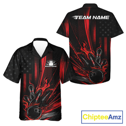 Custom Black And Red US Flag Patriotic Men And Women Bowling Shirt, American Flame Bowling Jerseys IPHW10640