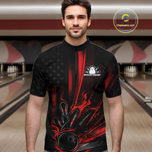 Load image into Gallery viewer, Custom Black And Red US Flag Patriotic Men Bowling Shirt, American Flame Bowling Jerseys IPHW10640