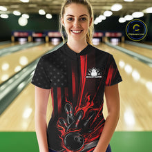 Load image into Gallery viewer, Custom Black And Red US Flag Patriotic Women Bowling Shirt, Flame Bowling Jerseys IPHW10640