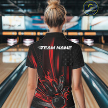 Load image into Gallery viewer, Custom Black And Red US Flag Patriotic Women Bowling Shirt, Flame Bowling Jerseys IPHW10640