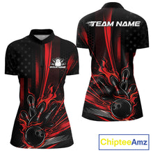 Load image into Gallery viewer, Custom Black And Red US Flag Patriotic Women Bowling Shirt, Flame Bowling Jerseys IPHW10640