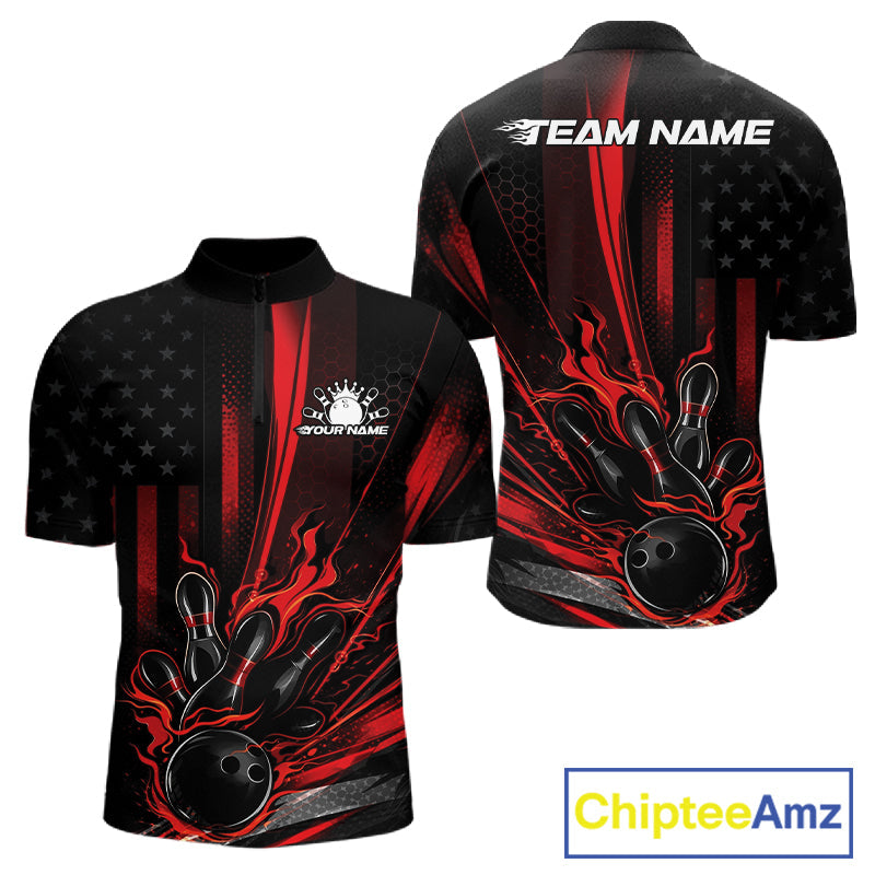 Custom Black And Red US Flag Patriotic Men Bowling Shirt, American Flame Bowling Jerseys IPHW10640