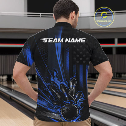 Custom Black And Blue US Flag Patriotic Men Bowling Shirt, American Flame Bowling Jerseys IPHW10641