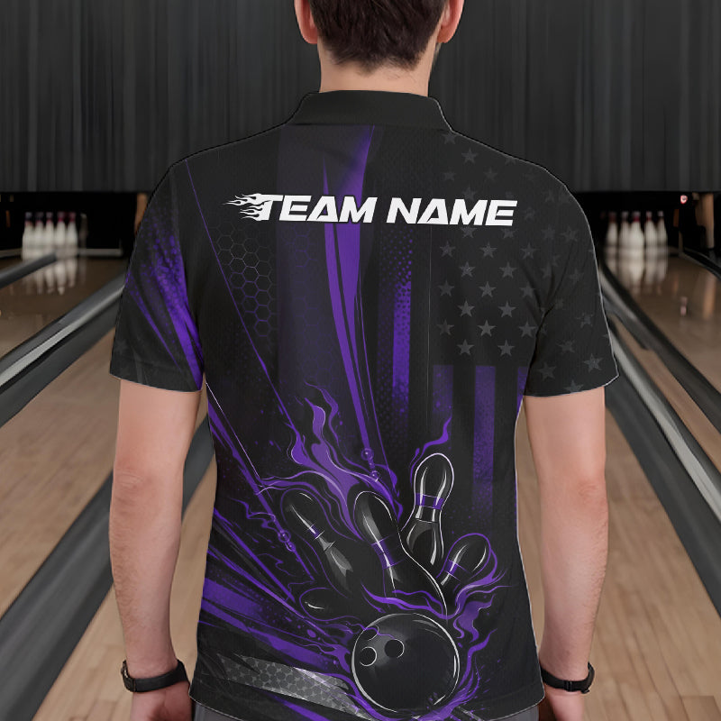 Custom Black And Purple US Flag Patriotic Men Bowling Shirt, American Flame Bowling Jersey IPHW10642