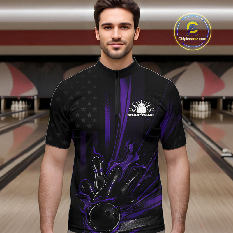 Custom Black And Purple US Flag Patriotic Men Bowling Shirt, American Flame Bowling Jersey IPHW10642