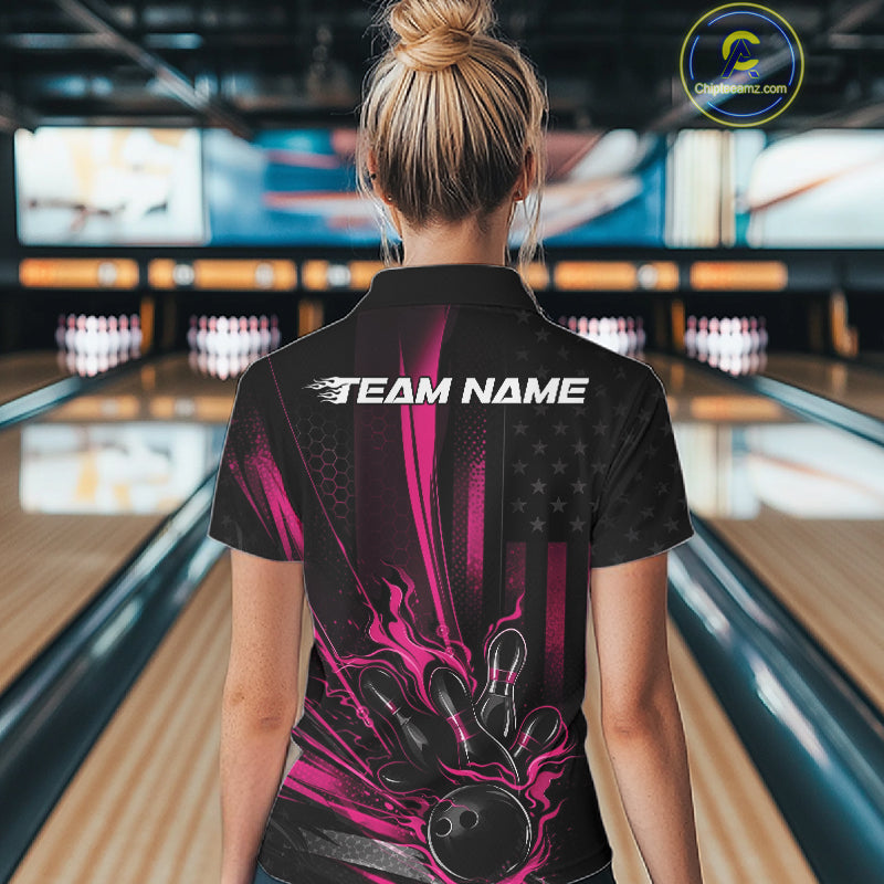 Custom Black And Pink US Flag Patriotic Women Bowling Shirt, American Flame Bowling Jersey IPHW10643