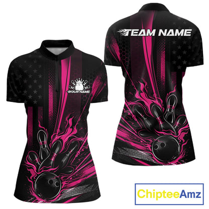 Custom Black And Pink US Flag Patriotic Women Bowling Shirt, Flame Bowling Jersey IPHW10643