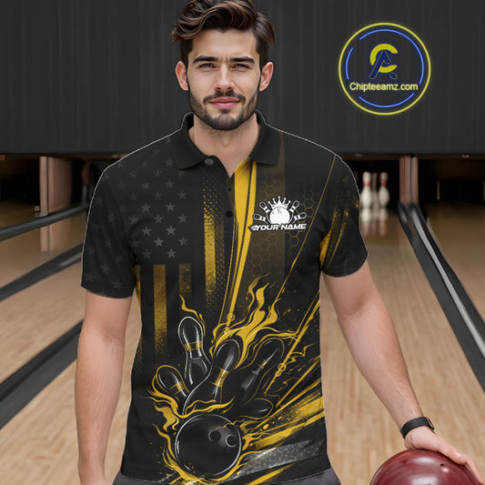 Custom Black And Yellow US Flag Patriotic Men Bowling Shirt, American Flame Bowling Jersey IPHW10644