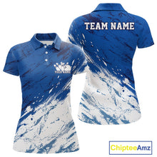 Load image into Gallery viewer, Front and back view of a women's bowling polo shirt mockup featuring a white and blue splatter-style sports jersey design