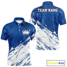 Load image into Gallery viewer, Front and back view of a men's bowling polo shirt mockup featuring a white and blue splatter-style sports jersey design