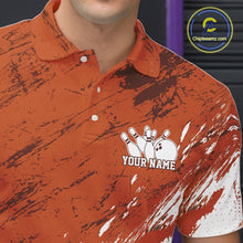 Load image into Gallery viewer, Orange polo shirt with a bowling design and customizable text, brand 'Chipteeamz' visible.