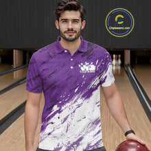 Load image into Gallery viewer, Front view of a male model in a bowling alley wearing a bowling polo shirt featuring a white and purple paint splatter distressed sportswear design.
