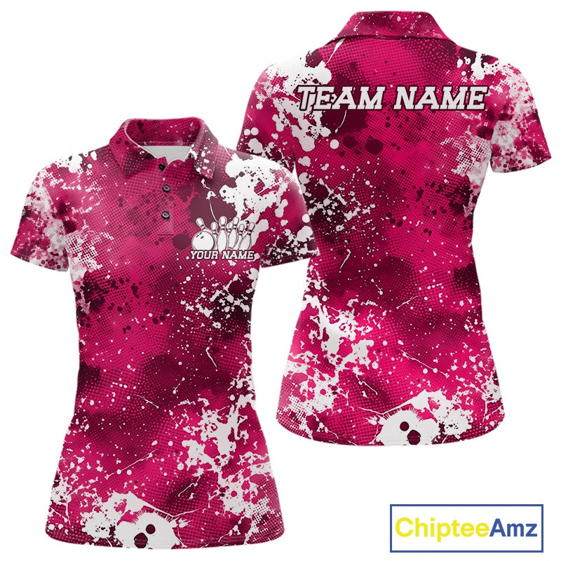 Pink polo shirt with white splatter design, 'Team Name' and 'Your Name' text, Chiptee Amz branding.