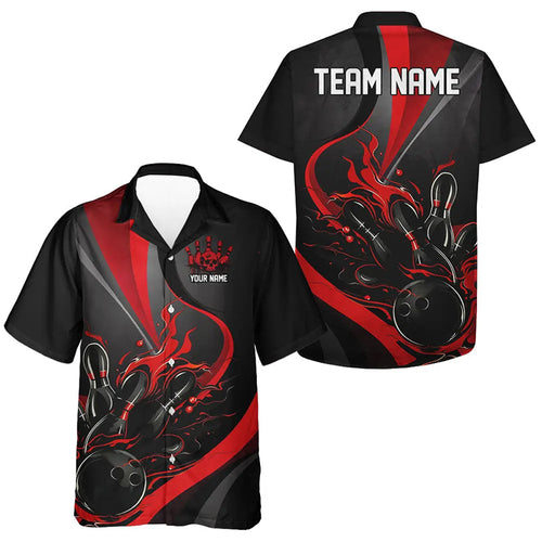Custom Red And Black Flame Bowling Team Shirts, Strike Bowling Hawaiian Shirts For Men And Women IPHW6755