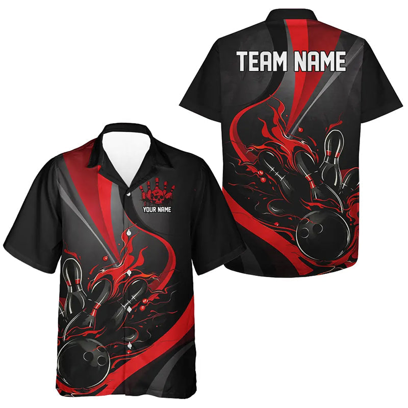 Custom Red And Black Flame Bowling Team Shirts, Strike Bowling Hawaiian Shirts For Men And Women IPHW6755