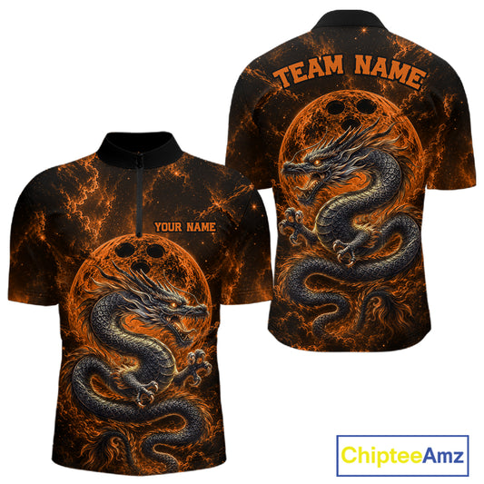 Front and back views of an orange custom quarter-zip bowling shirt featuring an ancient dragon, flames, and a moon-inspired bowling ball design.