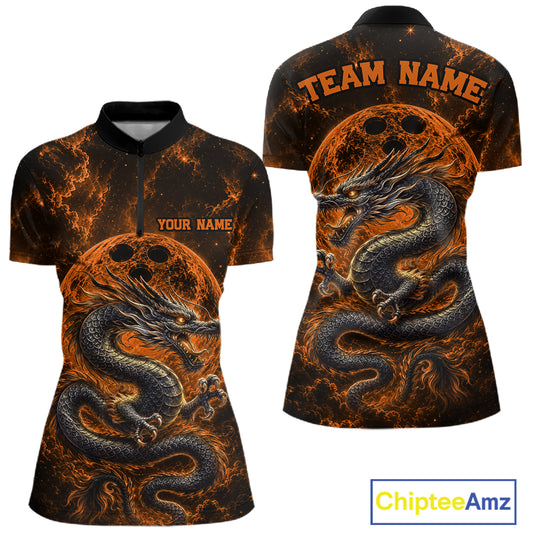 Front and back views of an orange custom women's quarter-zip bowling shirt featuring an ancient dragon, flames, and a moon-inspired bowling ball design.