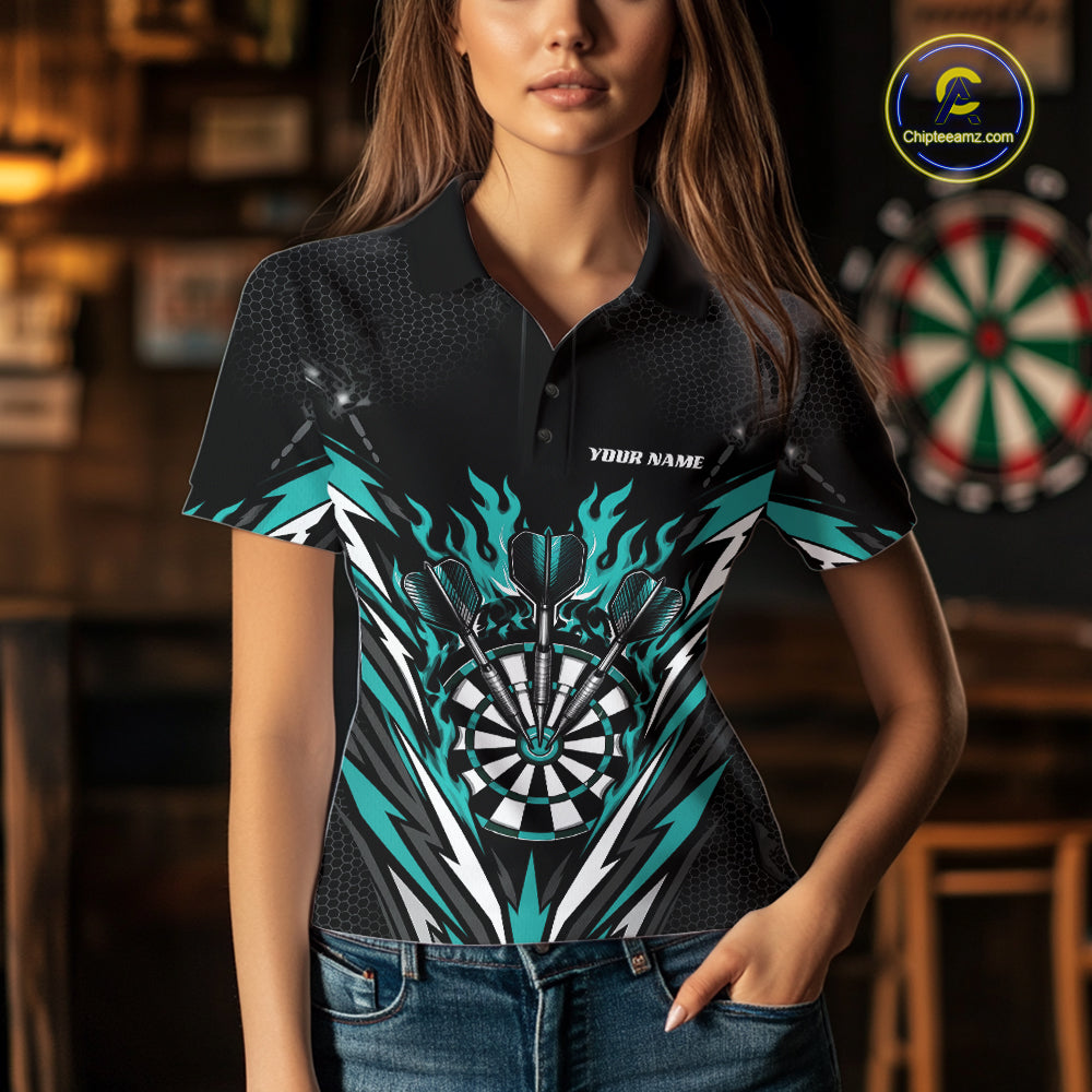 Custom Black And Turquoise Blue Flame Bullseye Darts Women Polo Shirt, Darts Team Jerseys IPHW11718