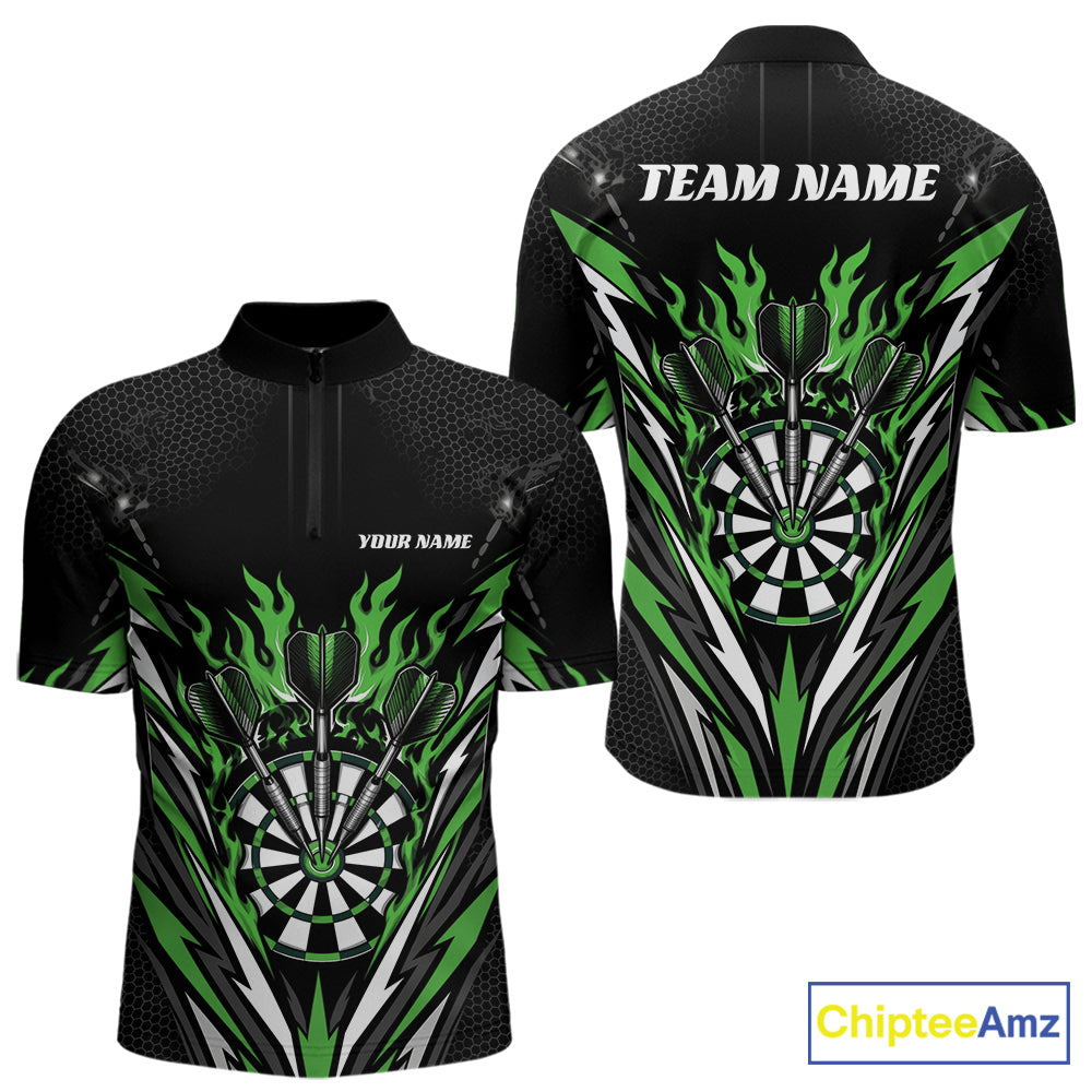 Custom Black And Green Flame Bullseye Darts Men Quarter Zip Shirt, Darts Team Jerseys IPHW11721