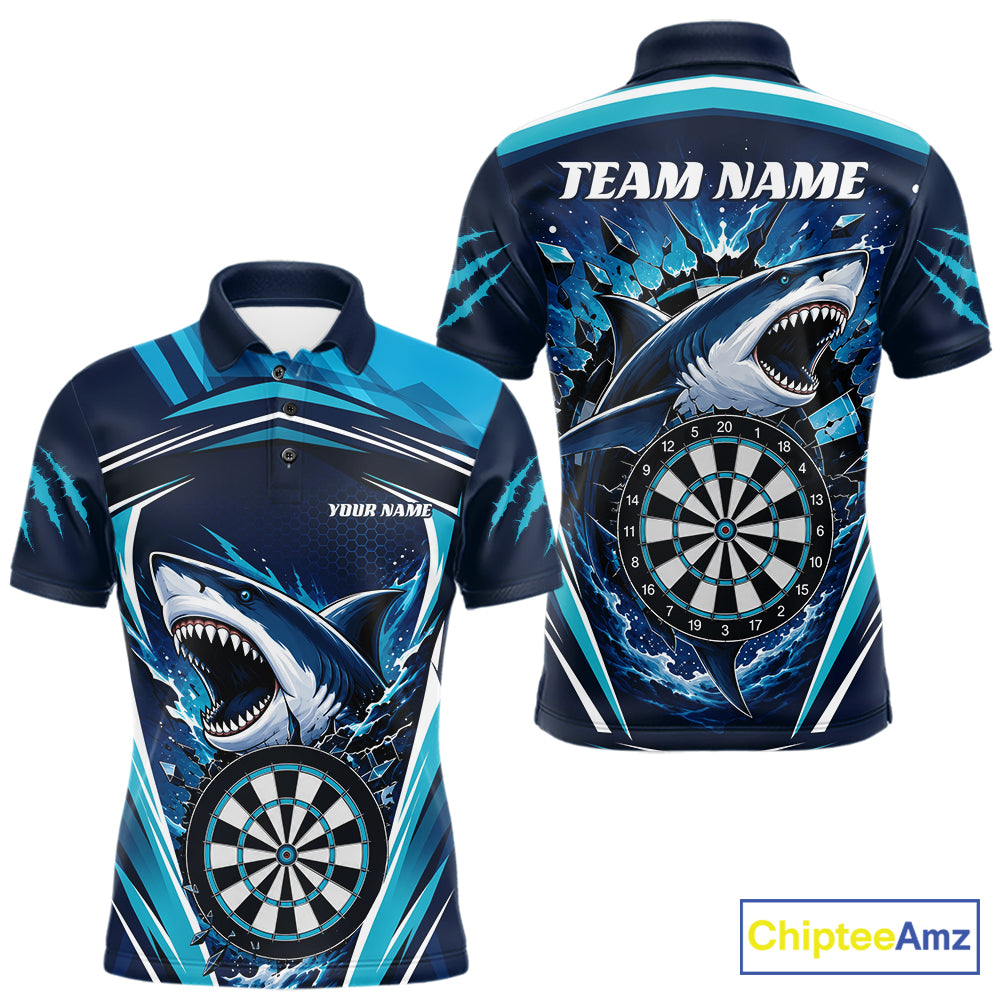 Custom Blue Shark With Broken Dartboard Darts Team Polo Shirt For Men, Darts League Shirt IPHW11736