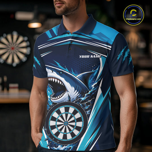 Custom Blue Shark With Broken Dartboard Darts Team Polo Shirt For Men, Darts League Shirt IPHW11736