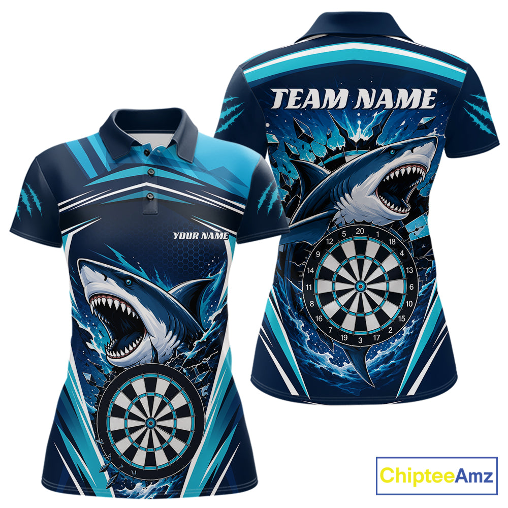 Custom Blue Shark With Broken Dartboard Darts Team Polo Shirt For Women, Darts League Shirt IPHW11736