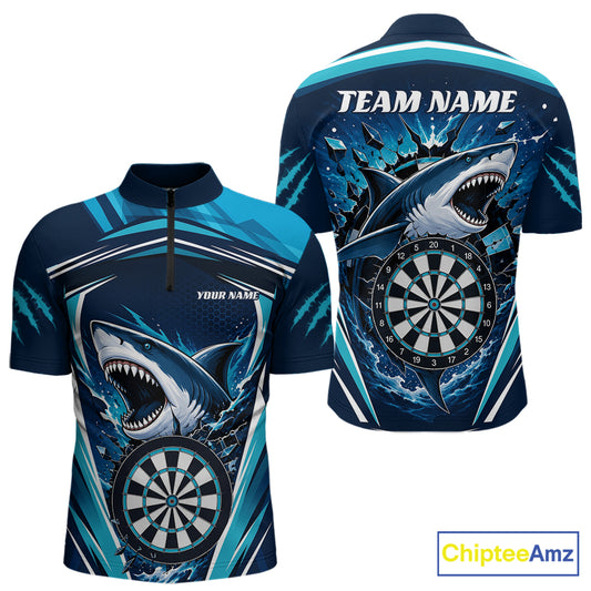 Custom Blue Shark With Broken Dartboard Darts Team Quarter Zip Shirt For Men, Darts League Shirt IPHW11736
