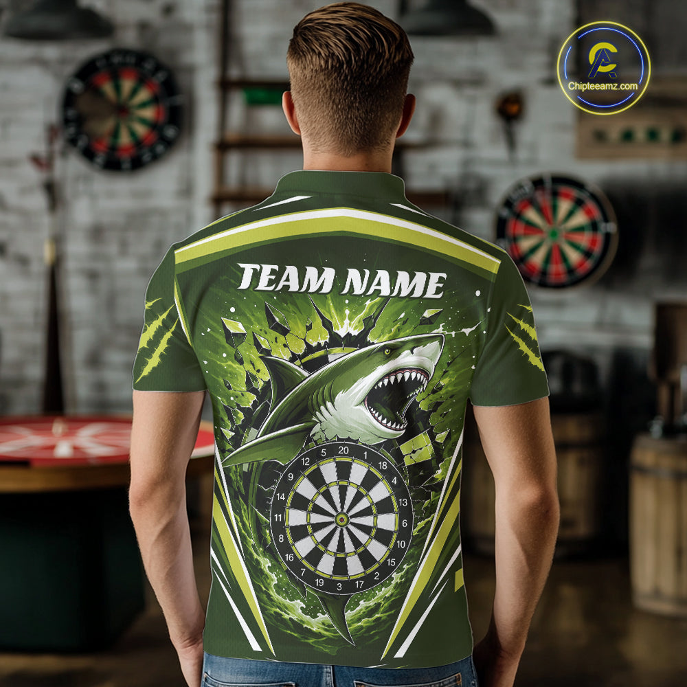 Custom Green Shark With Broken Dartboard Darts Team Polo Shirt For Men, Darts League Shirt IPHW11737